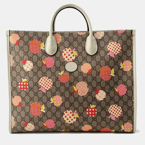 Beige/White GG Canvas Apple Tote Bag