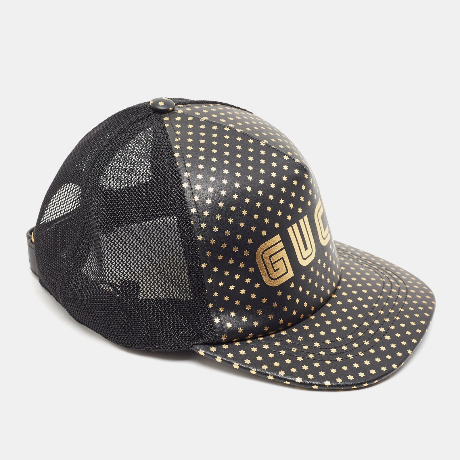 Gucci Schwarze Baseballkappe aus Leder und Mesh mit Gucce-Sternen-Print M