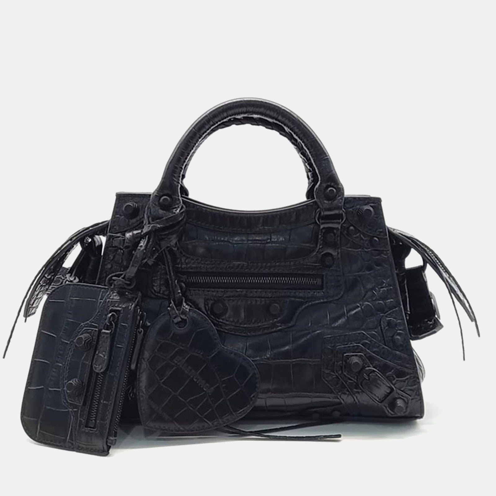 Balenciaga Black Semi Shiny Calfskin Crocodile Embossed Neo Classic Black Hardware Mini City