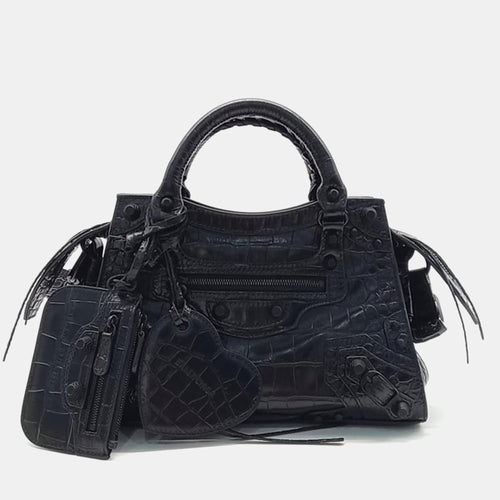 Black Semi Shiny Calfskin Crocodile Embossed Neo Classic Black Hardware Mini City