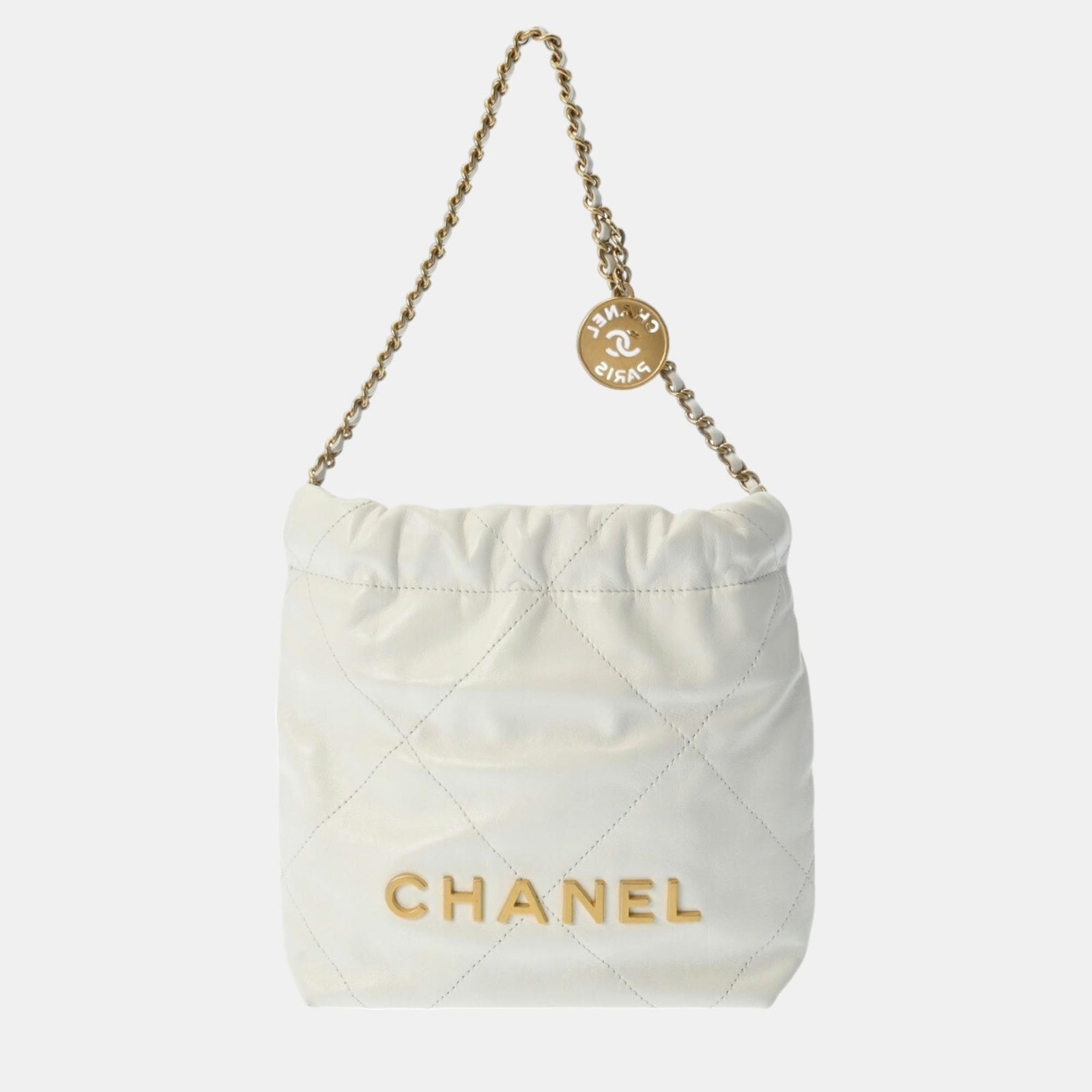 Chanel Schultertasche „22 Chain“ aus glänzendem Kalbsleder in Weiß