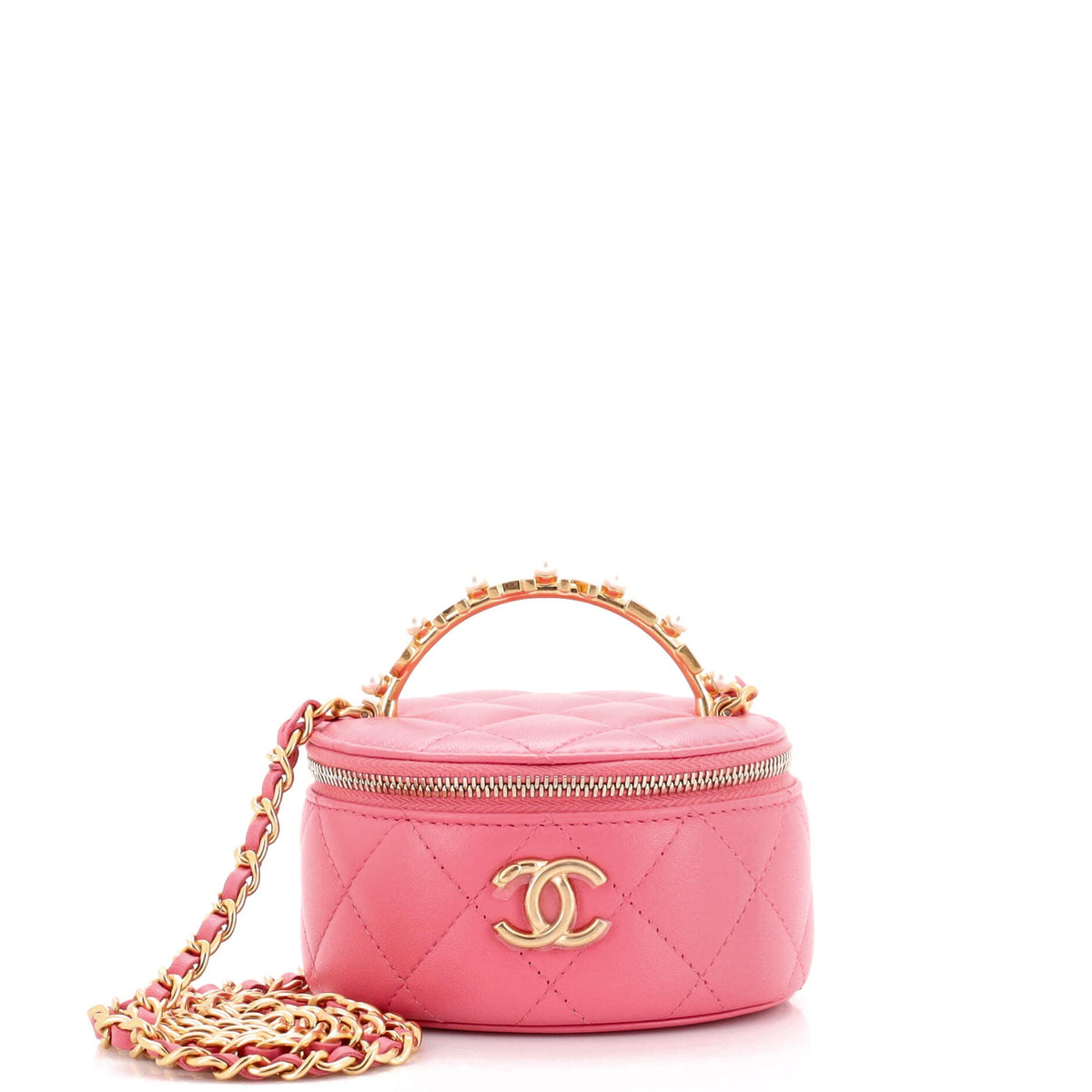 Chanel CHANEL Pearl Logo Top Handle Round Vanity Case with Chain Quilted Lambskin Mini