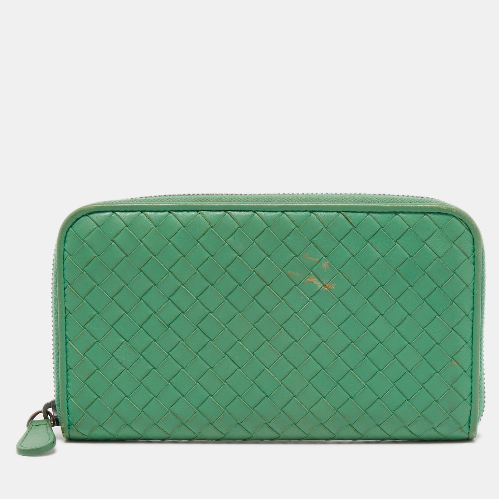 Bottega Veneta Green Intrecciato Leather Zip Around Wallet