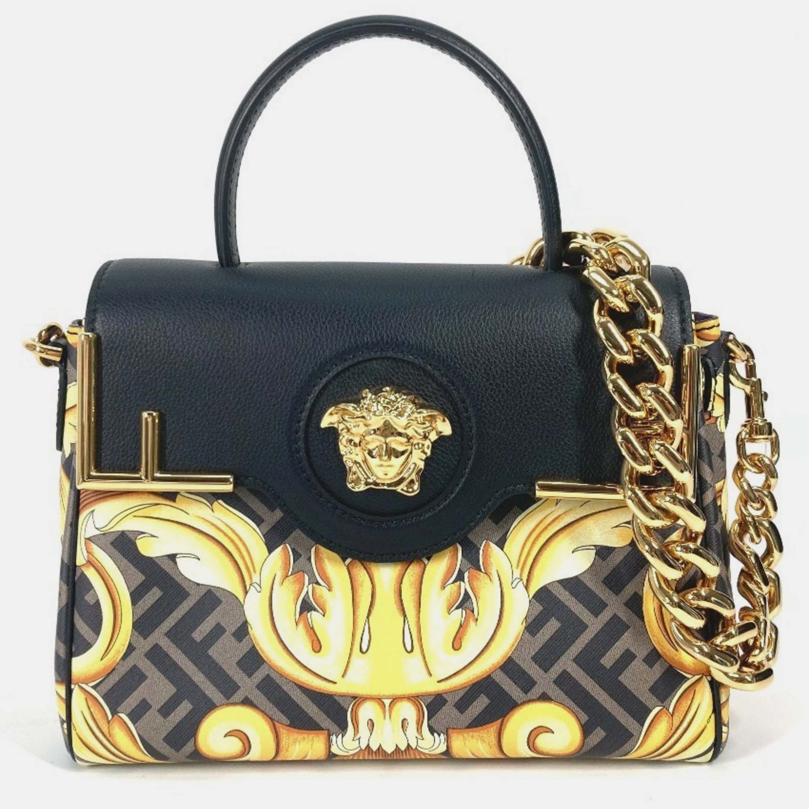 Fendi X Versace La Medusa-Tasche mit Henkel aus PVC und Leder in Schwarz/Braun