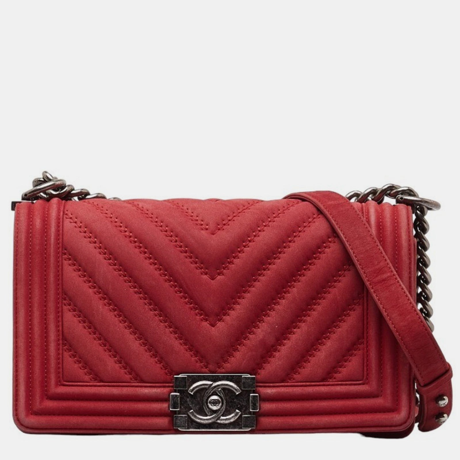 Chanel Red Suede Medium Chevron Boy Bag