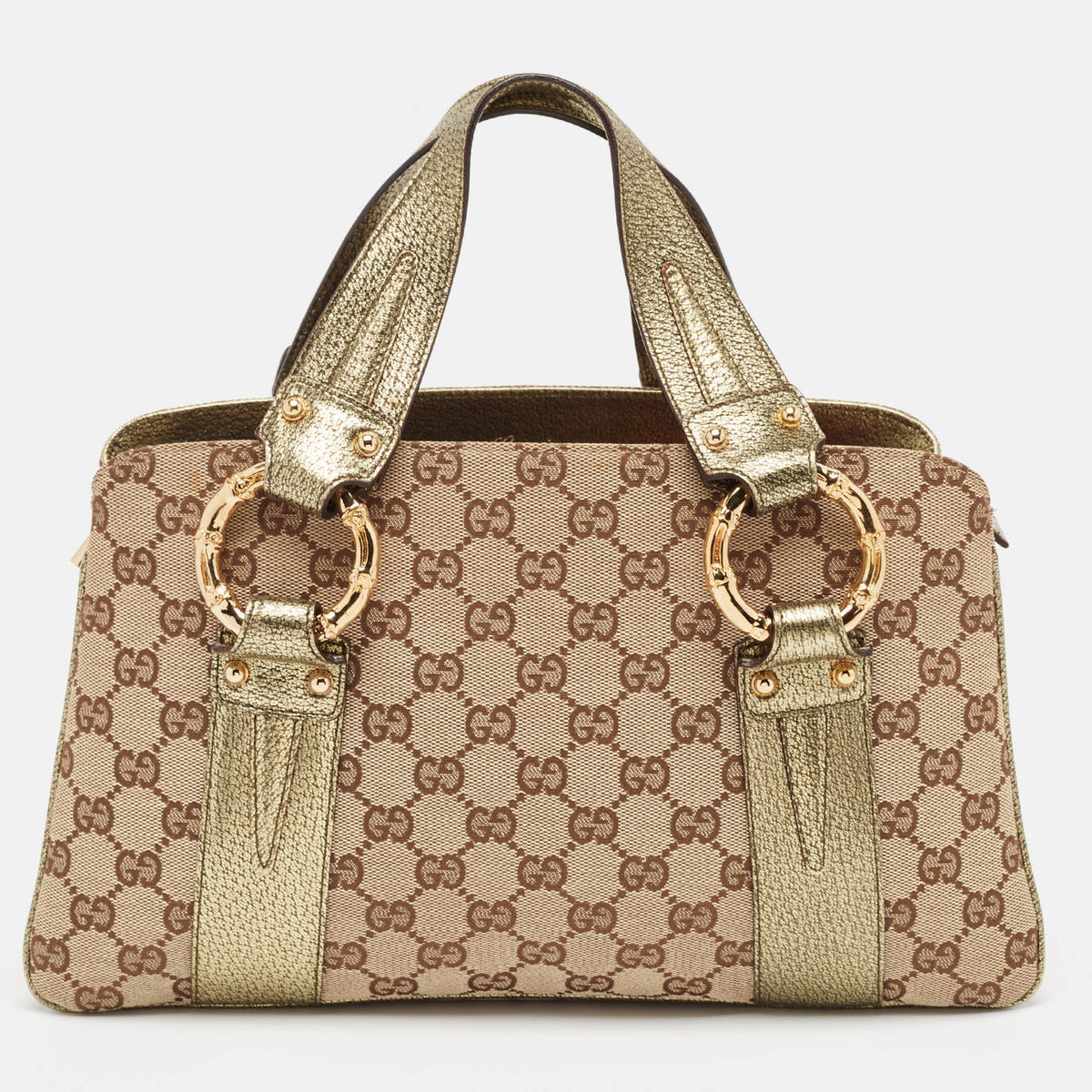 Gucci Metallic/Beige GG Canvas and Leather Bamboo Ring Satchel