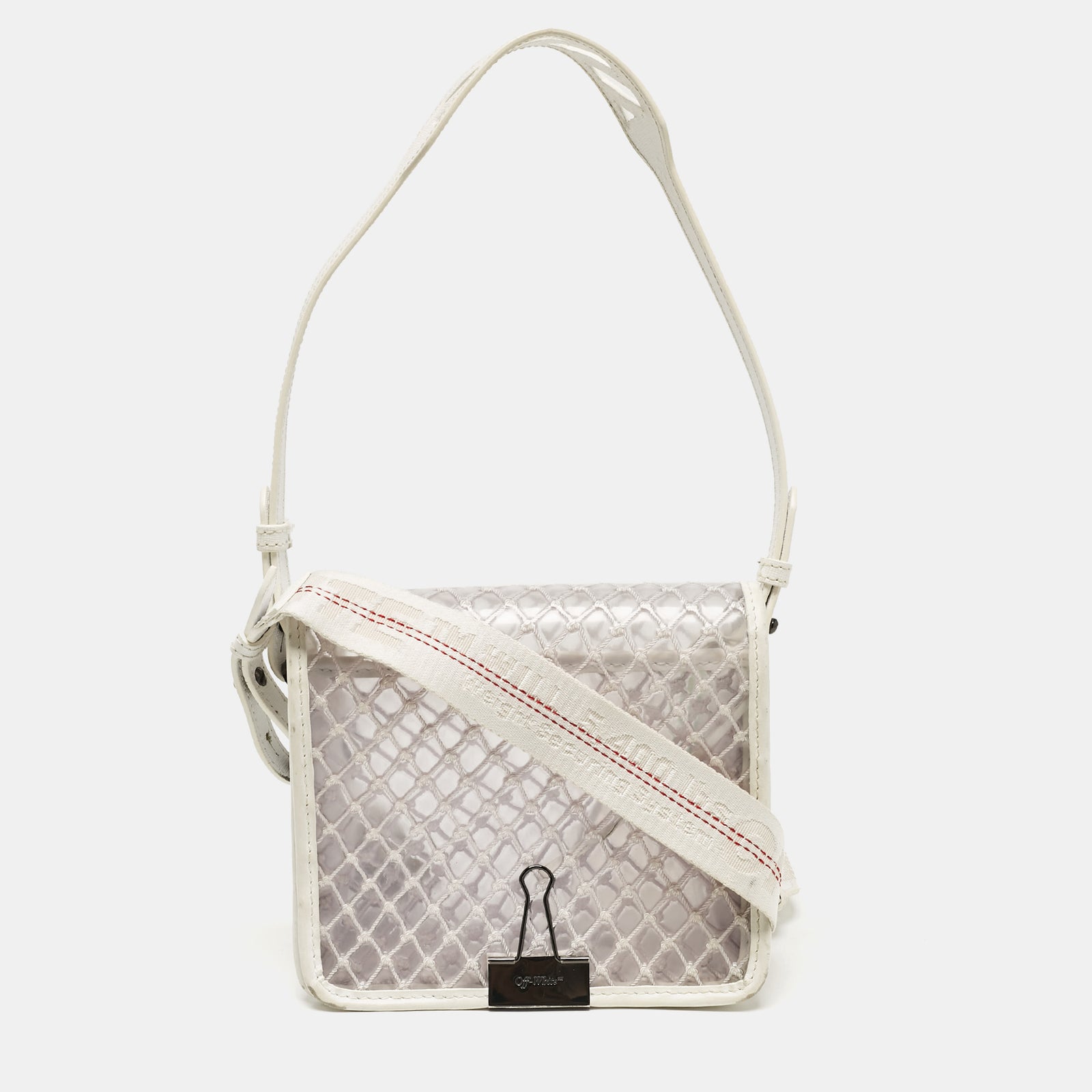 Off-White White/Clear PVC Net Binder Clip Crossbody Bag