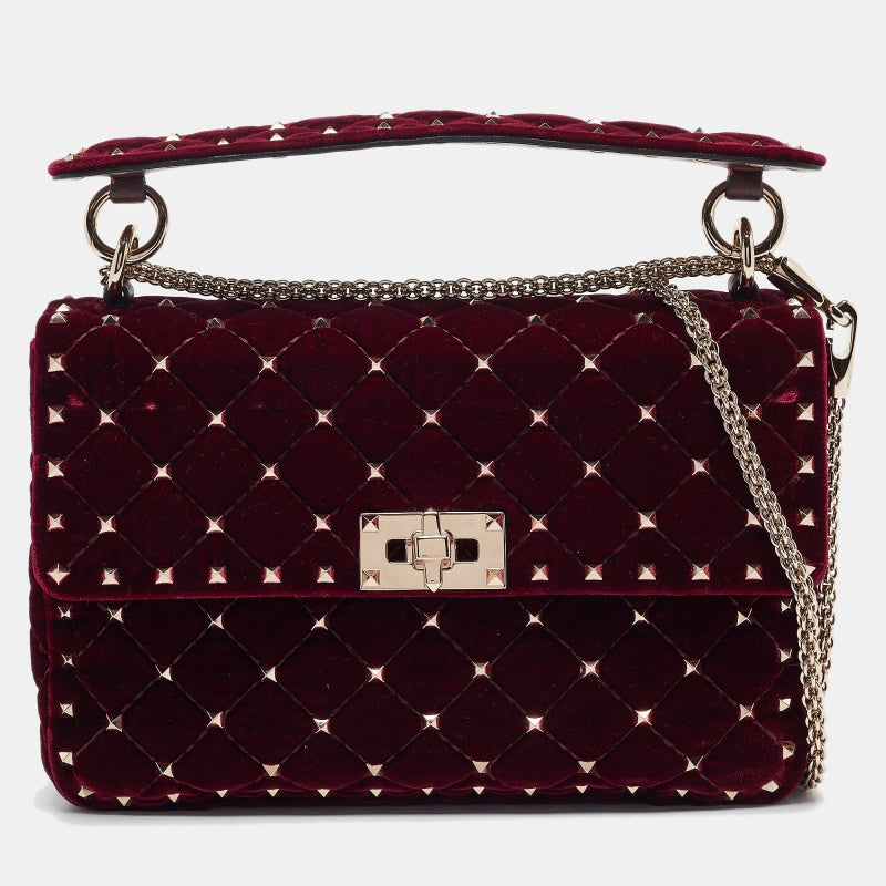 Valentino Burgundy Velvet Medium Rockstud Spike Top Handle Bag