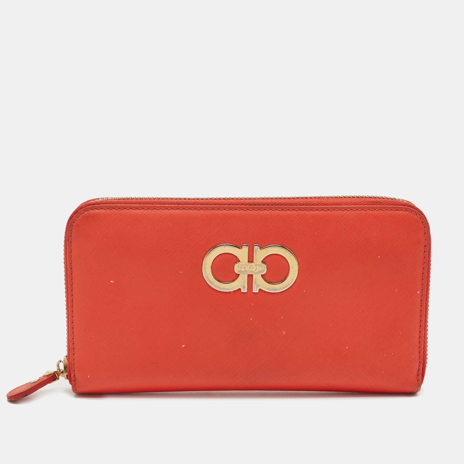 Salvatore Ferragamo Orange Leather Double Gancio Zip Around Wallet