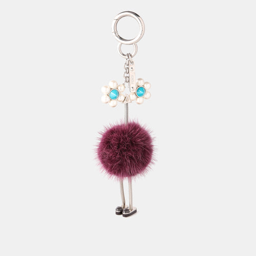 Purple Mink Fur Pearl Chick Pom Pom Bag Charm