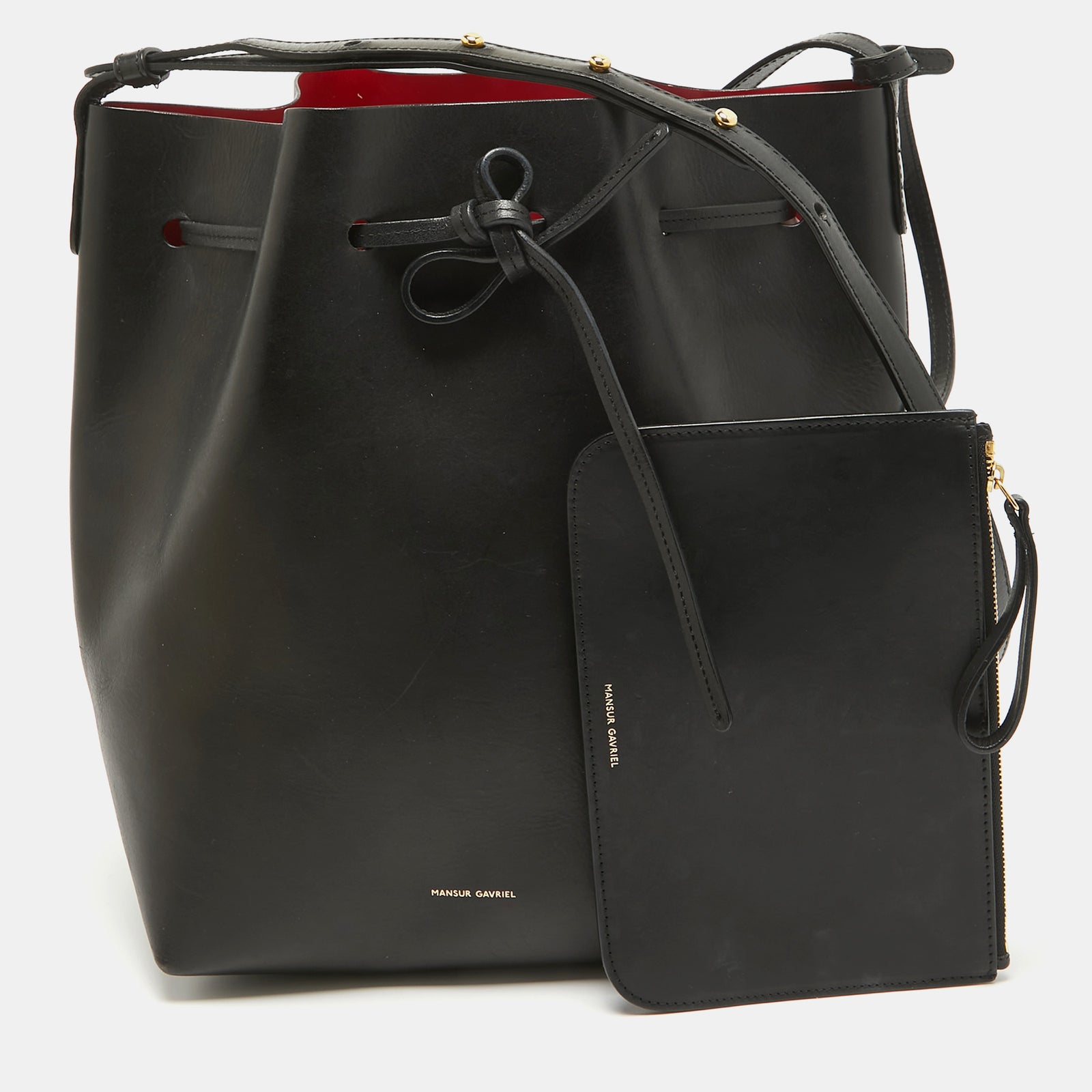 Mansur Gavriel Black Leather  Drawstring Bucket Bag