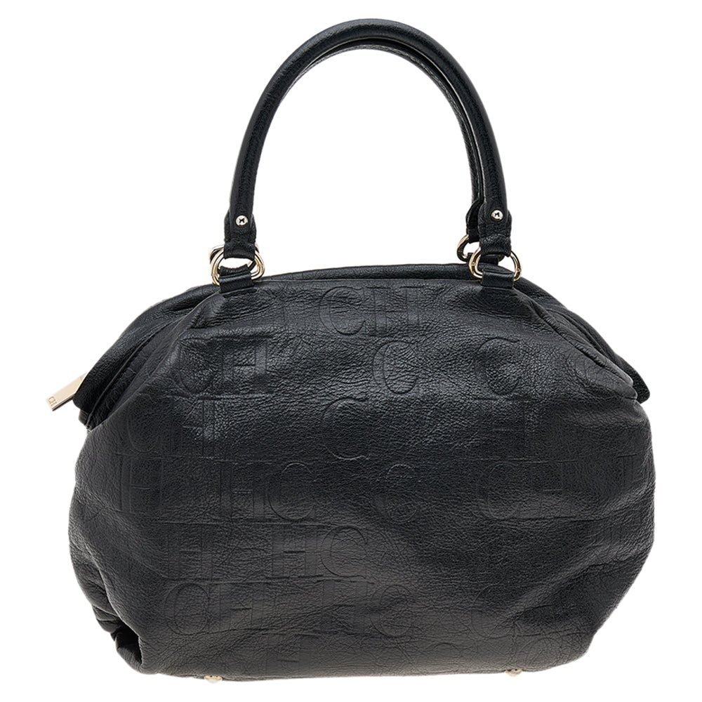 Carolina Herrera Black Monogram Embossed Leather Boston Bag