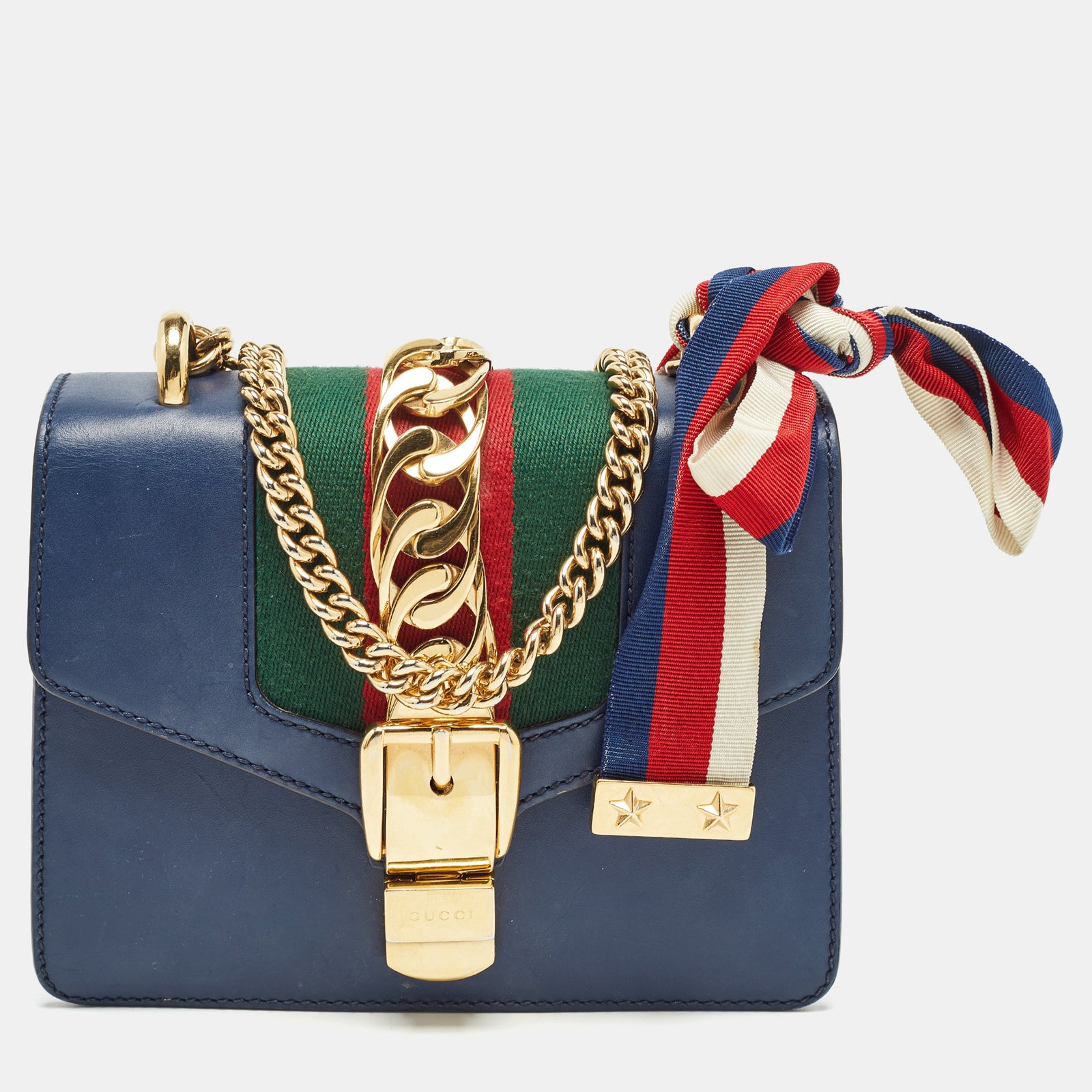 Gucci Blaue Umhängetasche „Sylvie“ aus Mini-Webkette aus Leder