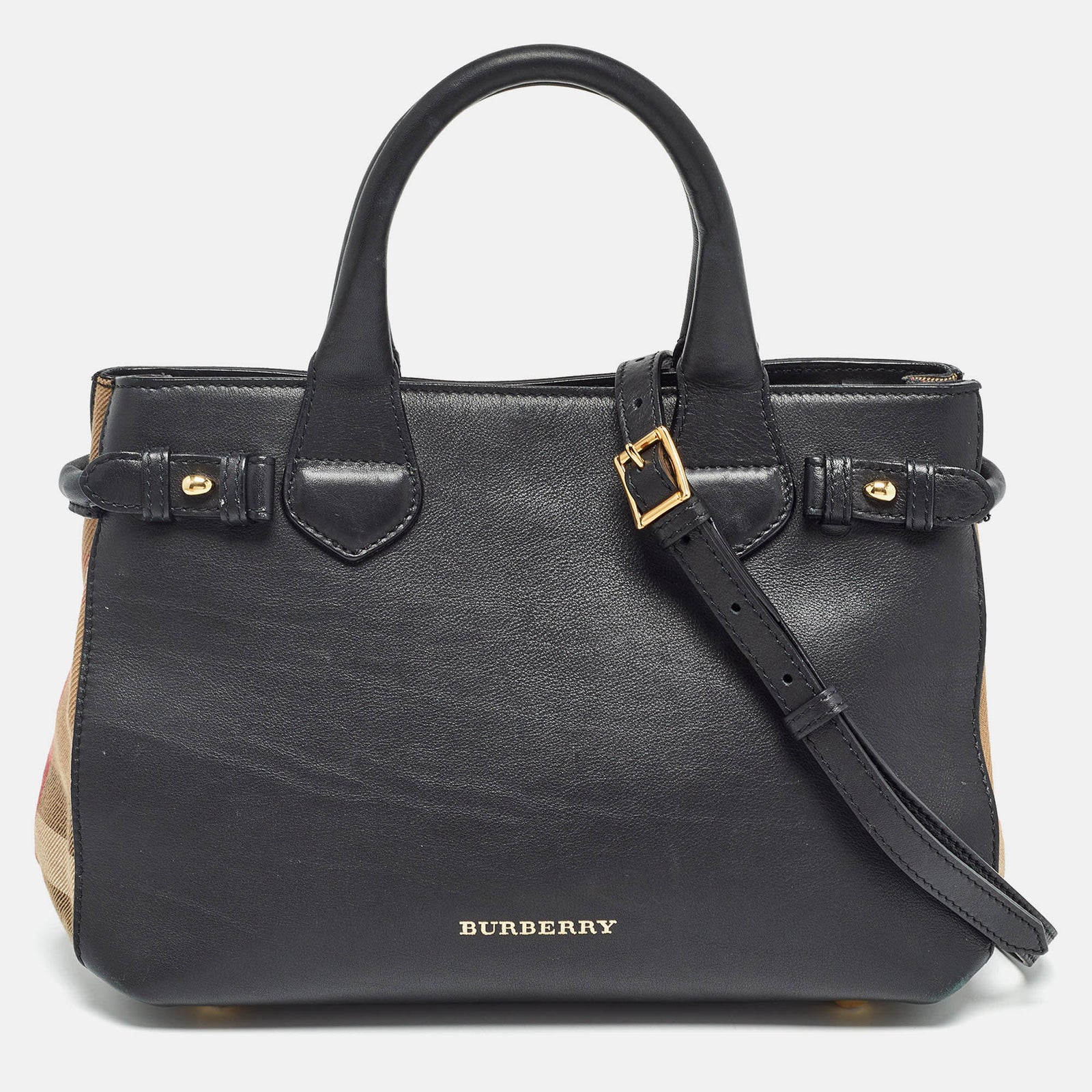 Burberry Black/Beige Leather and House Check Canvas Small Banner Tote