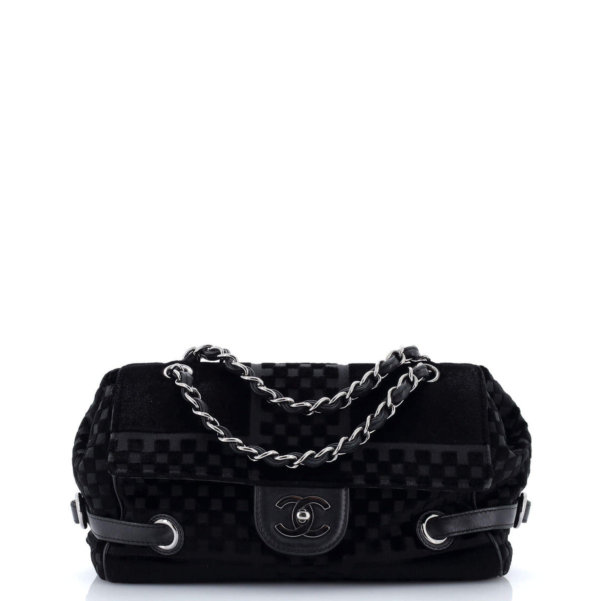 Chanel CHANEL Vintage CC Side Belted Flap Bag Check Embossed Velvet Medium