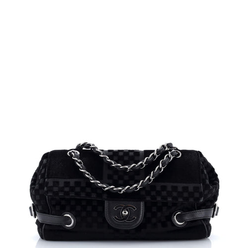 CHANEL Vintage CC Side Belted Flap Bag Check Embossed Velvet Medium