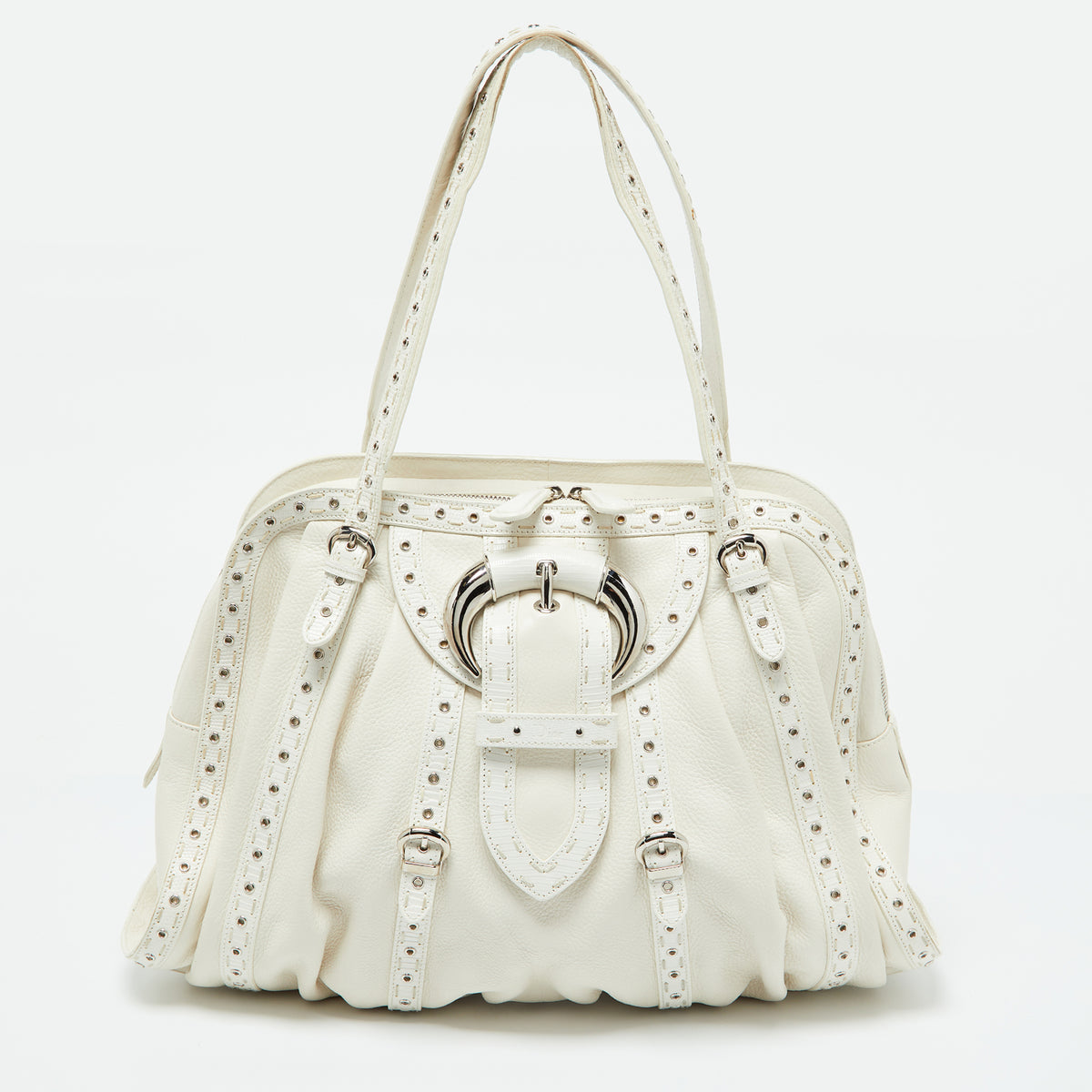 Dior White Leather Buckle Detail Zip Satchel