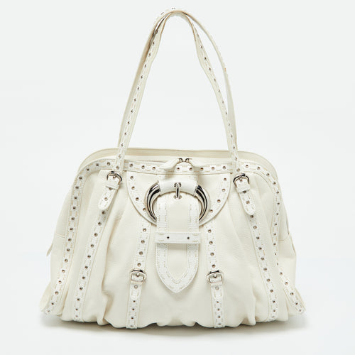 White Leather Buckle Detail Zip Satchel