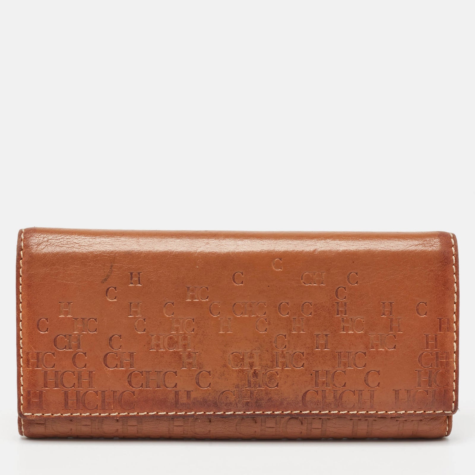 Ch Carolina Herrera Brown Monogram Embossed Leather Trifold Continental Wallet