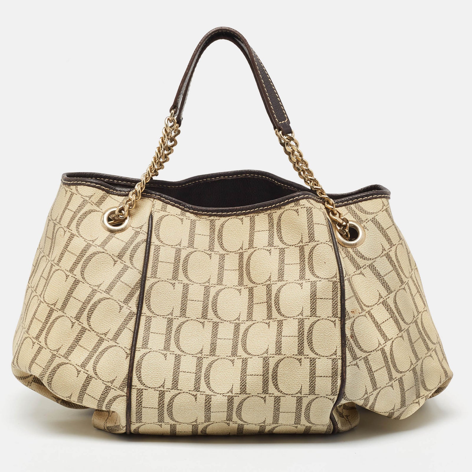 Carolina Herrera Cream/Brown Monogram Coated Canvas and Leather Chain Hobo