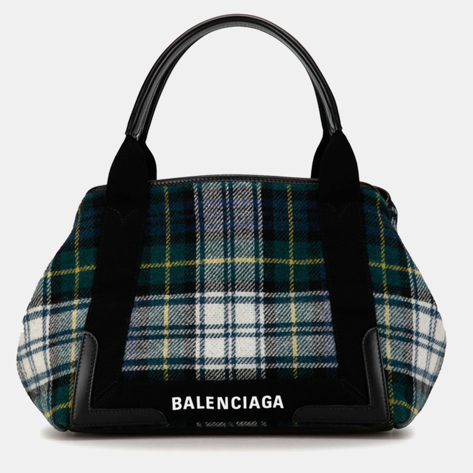 Balenciaga Green Canvas Plaid Navy Cabas Bag