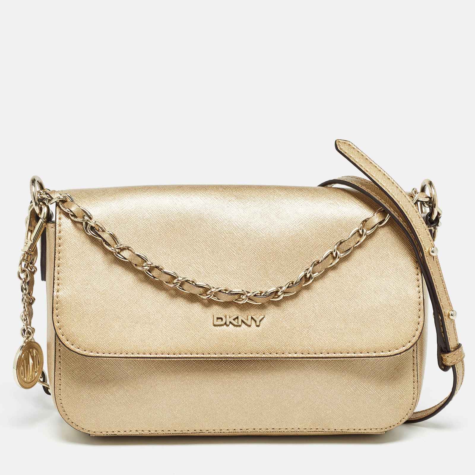 DKNY Gold Leather Logo Flap Crossbody Bag