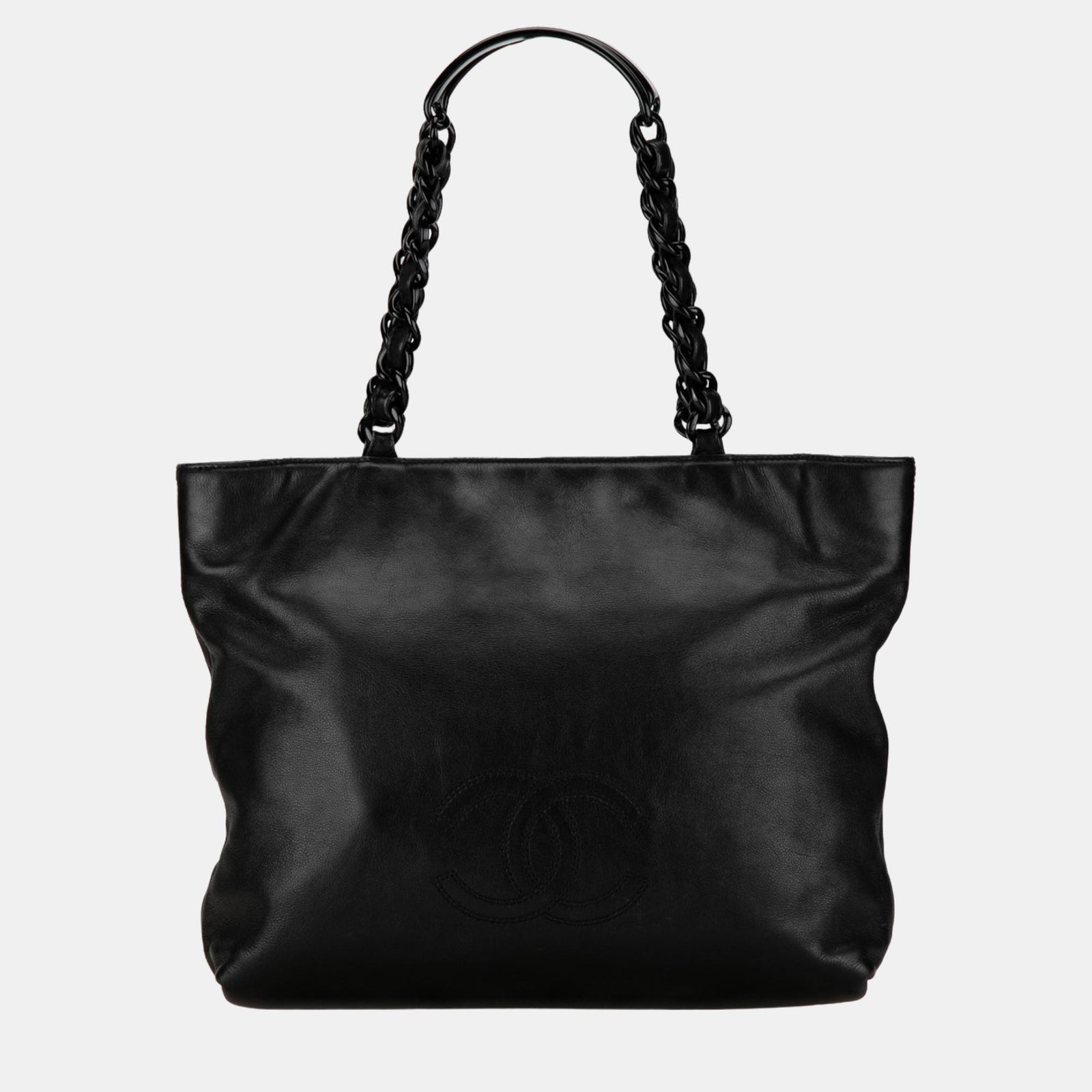 Chanel Schwarze CC Tote aus Lammleder mit Kette