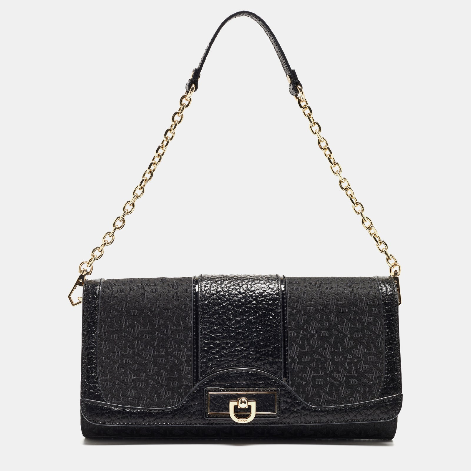 DKNY Black Monogram Canvas and Leather Flap Chain Bag