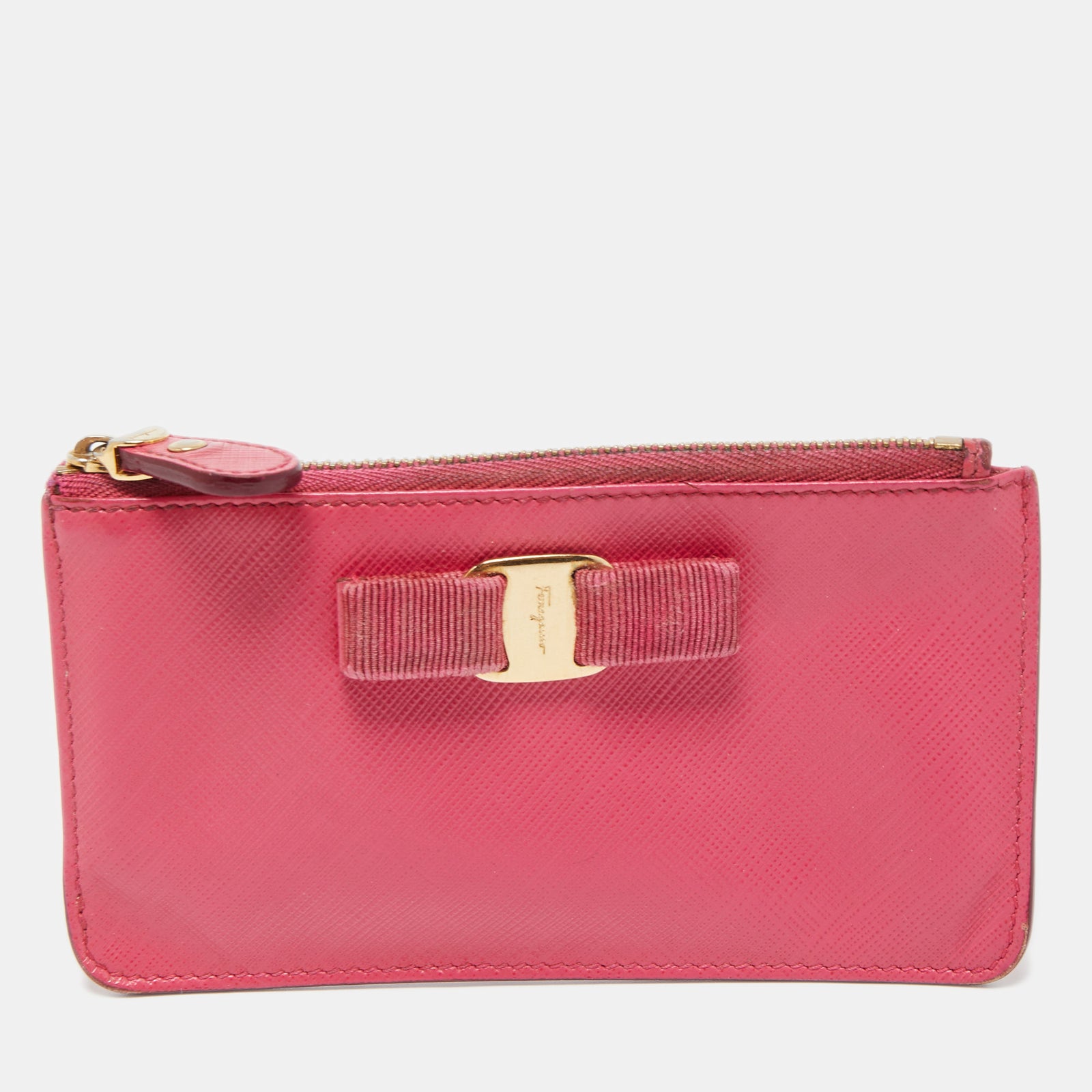 Salvatore Ferragamo Fuchsia Leather Bow Zip Coin Purse