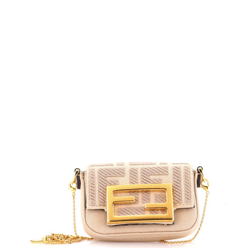 FENDI Chain Baguette Charm Bag Zucca Embroidered Canvas Nano
