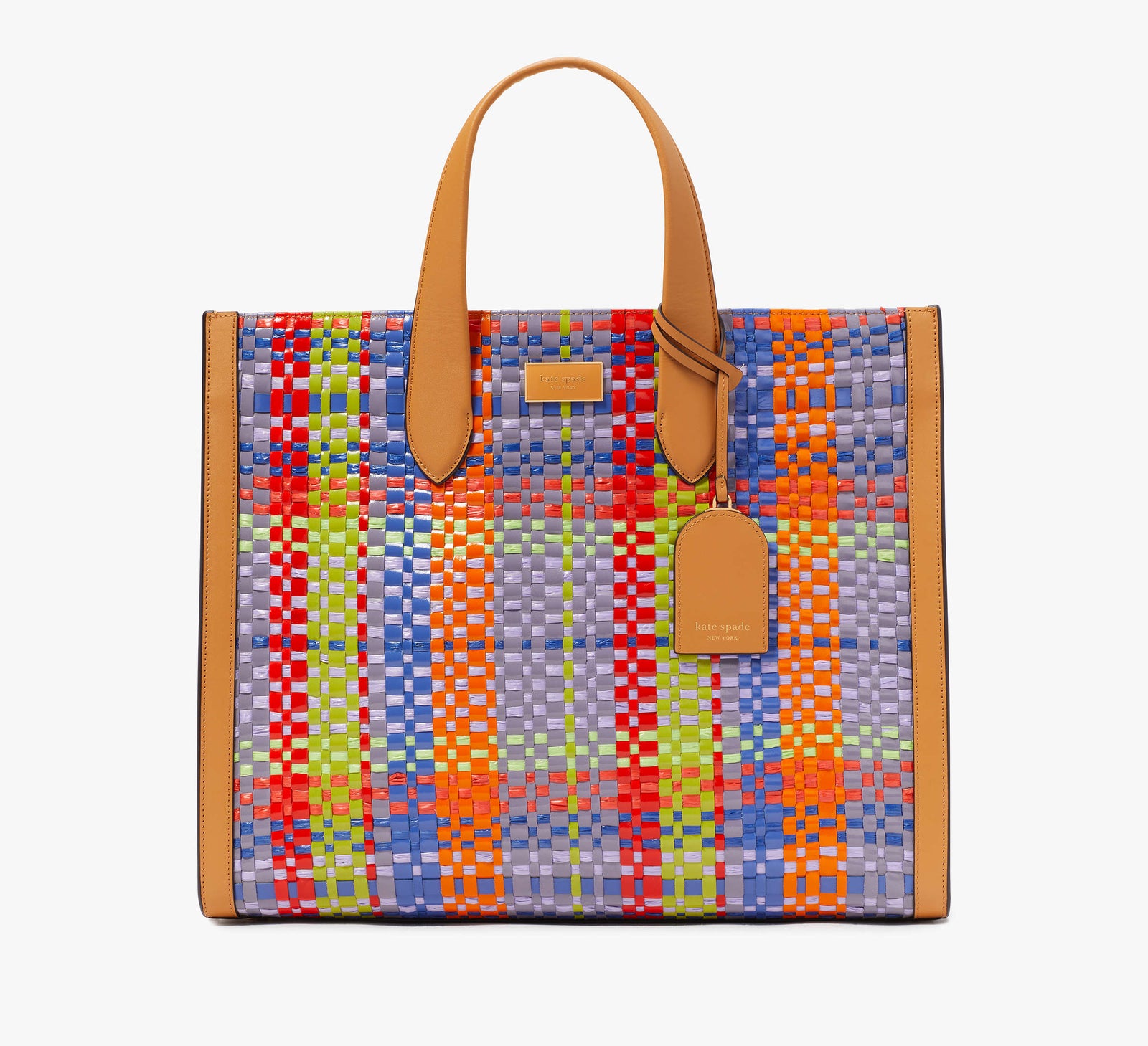 Kate Spade New York Manhattan Madras Plaid Tote Bag aus Stroh, gewebt, groß