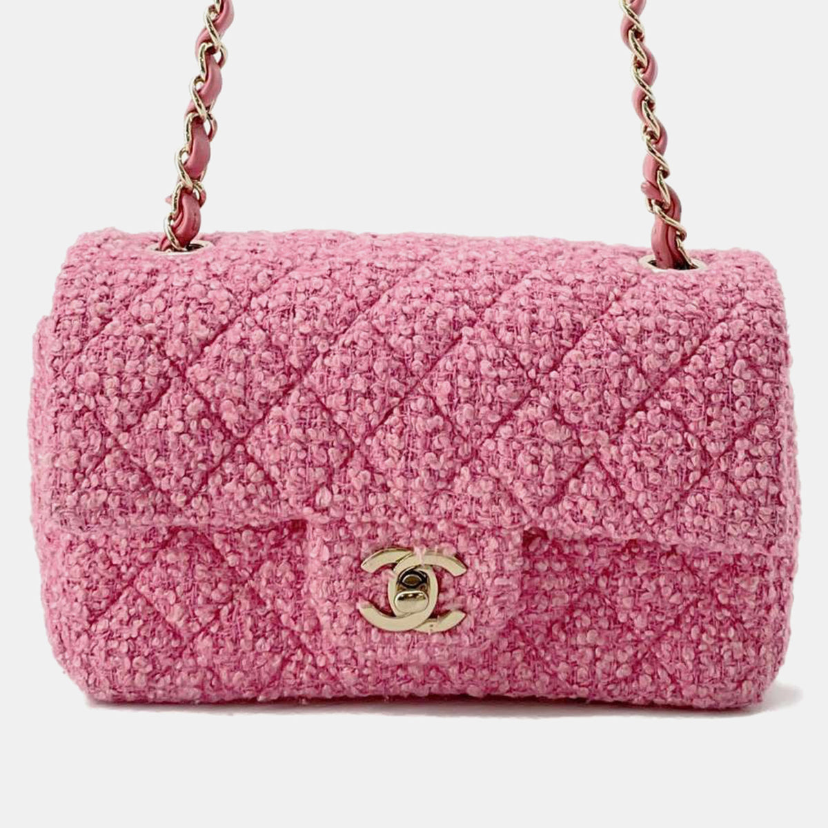 Chanel Pink Tweed Mini Matelasse Chain Shoulder Bag
