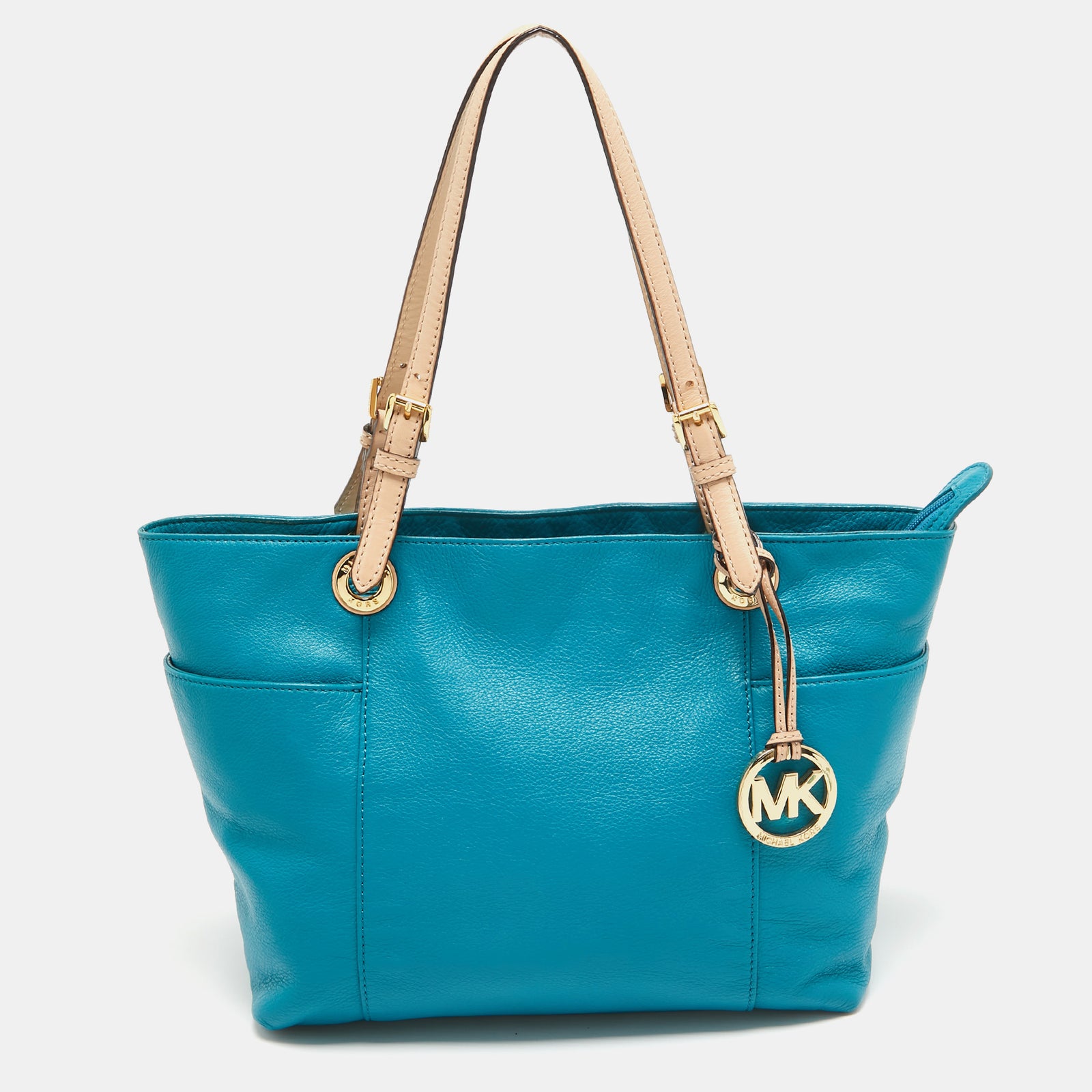 Michael Kors Teal Blue/Beige Leather Jet Set Tote