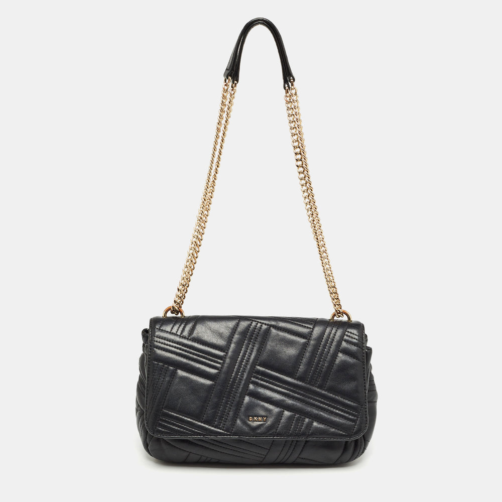 DKNY Black Quilted Leather Flap Shoulder Bag