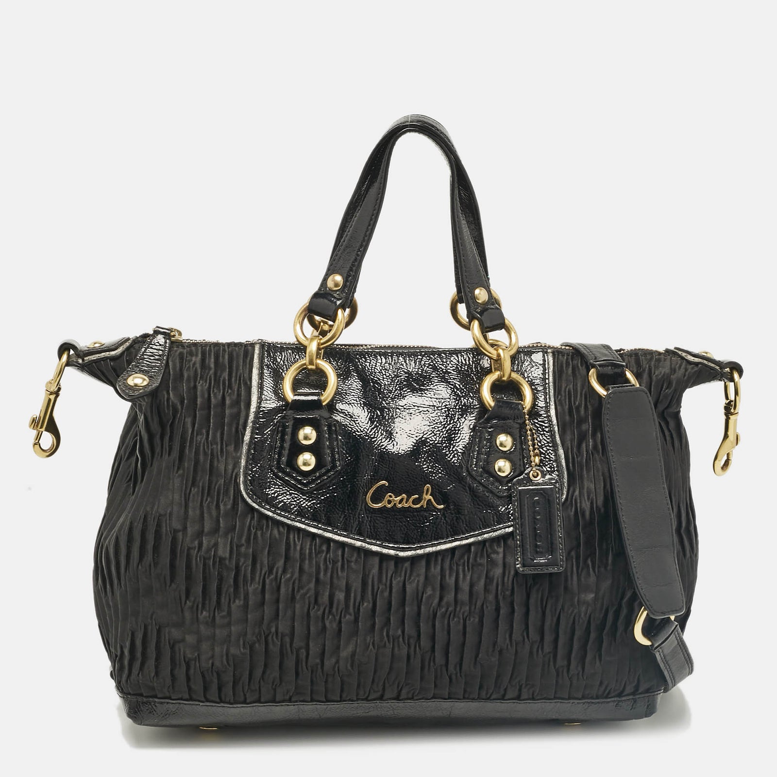 Coach Black Satin and Patent Leather Ashley Tote