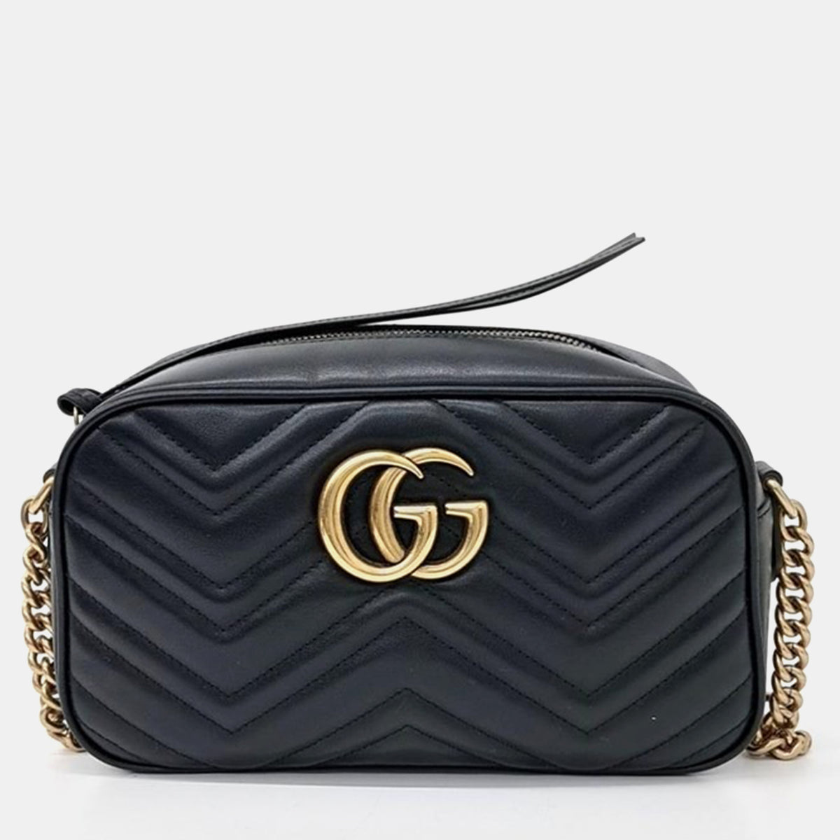 Gucci Black Calfskin Matelasse Small GG Marmont Chain Shoulder Bag