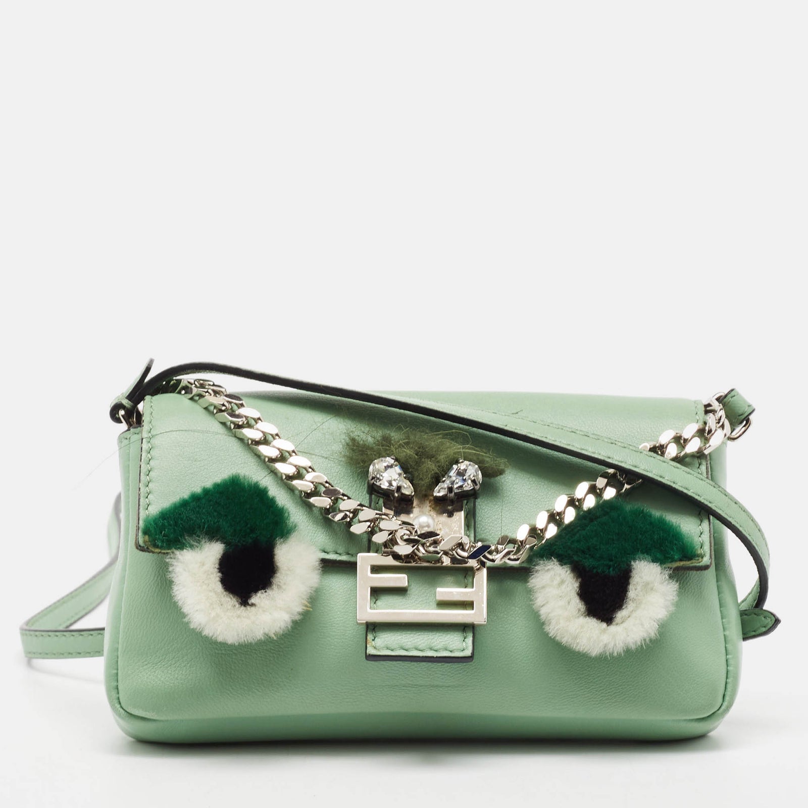 Fendi Green Leather and Fox Fur Micro Buggie Baguette Bag