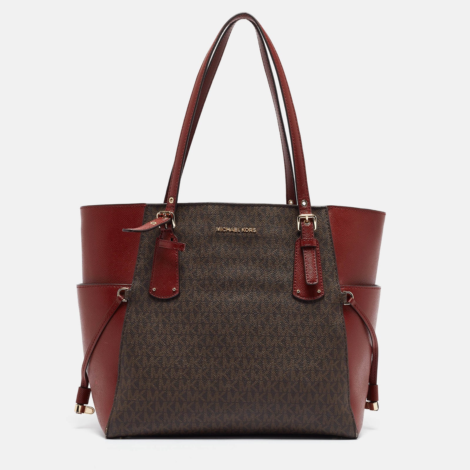 Michael Kors Red/Brown Signature Coated Canvas and Leather Voyager East West Tote