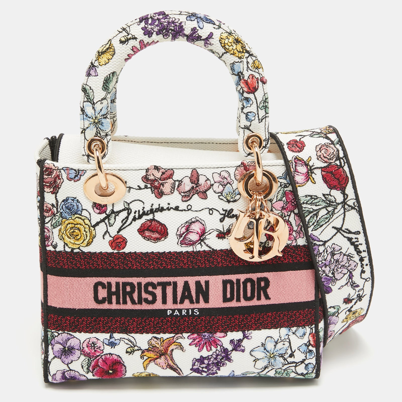 Dior Mittelgroße Lady D-Lite Tragetasche aus Canvas mit mehrfarbiger Blumenstickerei