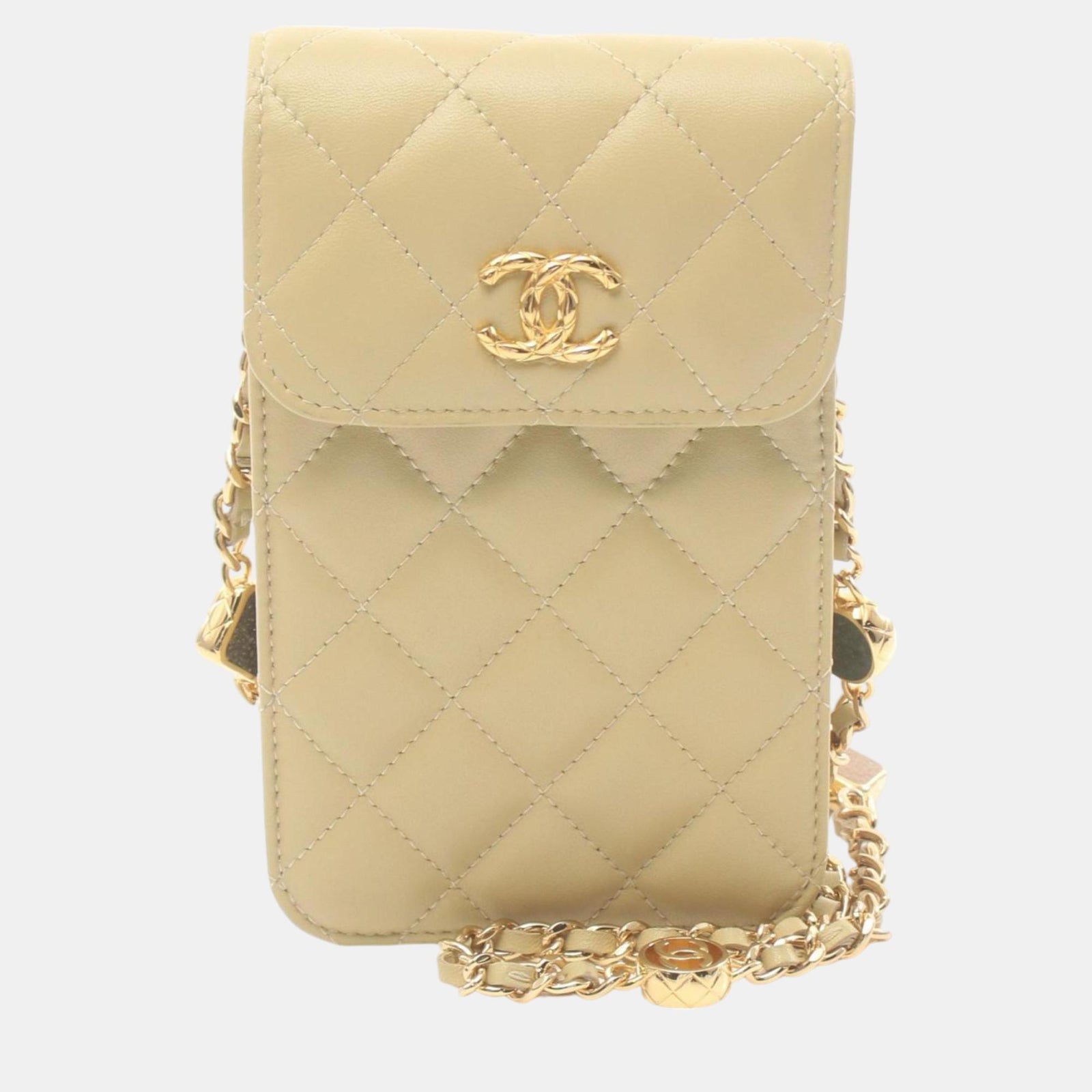 Chanel Beige Schultertasche mit Telefonhalter aus Matelassé-Lammleder