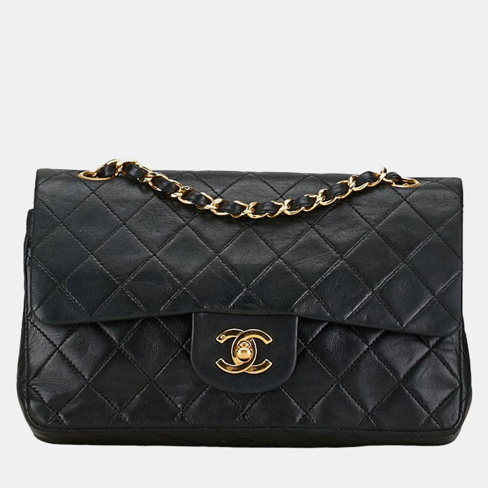 Chanel Klassische mittelgroße Schultertasche aus schwarzem Lammleder mit Doppelklappe