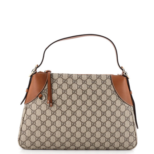 GUCCI Emblem Shoulder Bag GG Coated Canvas with Leather Large