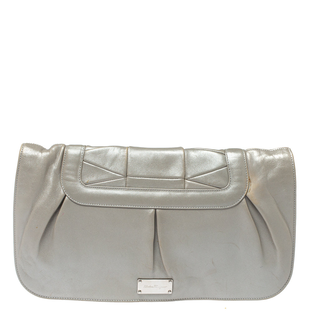 Salvatore Ferragamo Grey Pleated Leather Oversized Clutch