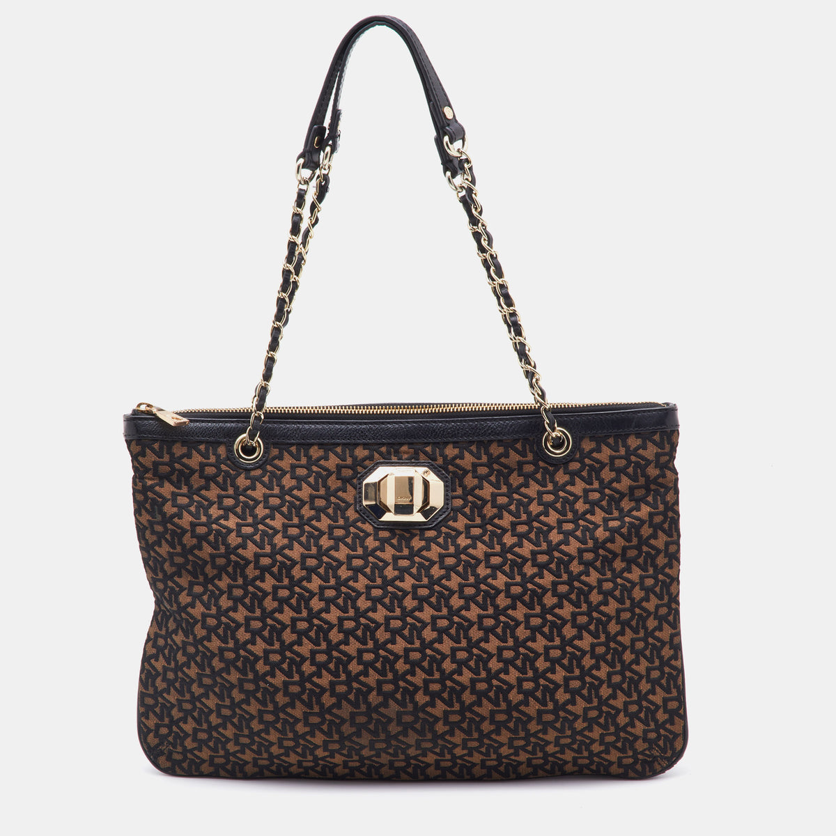 DKNY DKNY Brown/Black Signature Canvas and Leather Chain Shoulder Bag