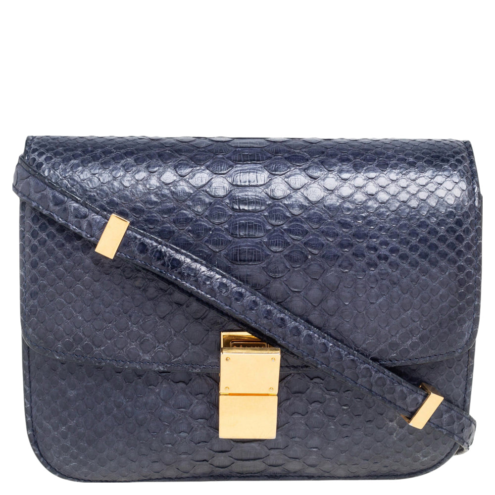 Celine Navy Blue Python Medium Classic Box Shoulder Bag