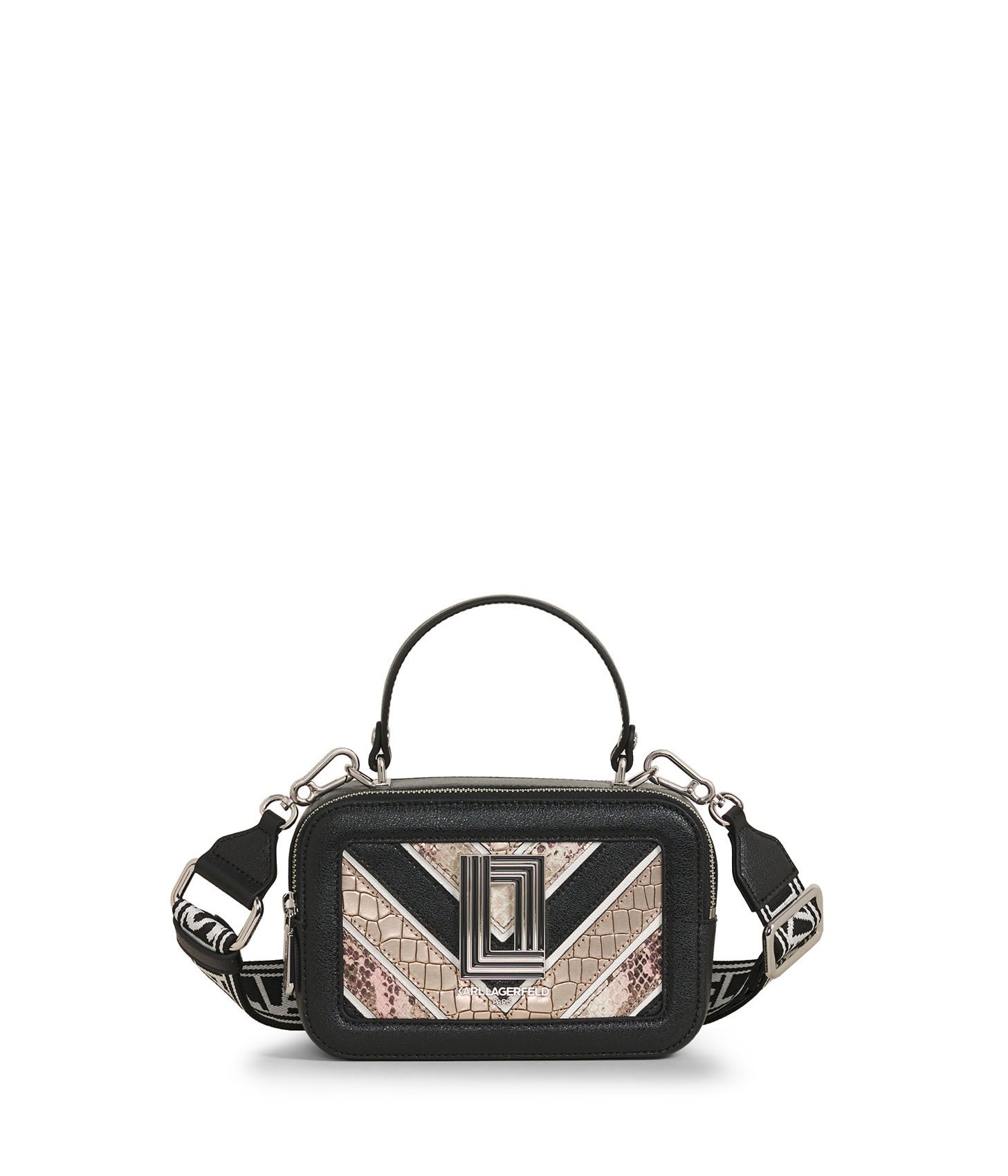 Karl Lagerfeld Paris | Women's Simone Snake Print Chevron Camera Bag | Black Met