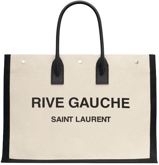 Saint Laurent Men's Rive Gauche Print Tote Bag in Greggio/Nero/Nero | 509415FAAVU9083