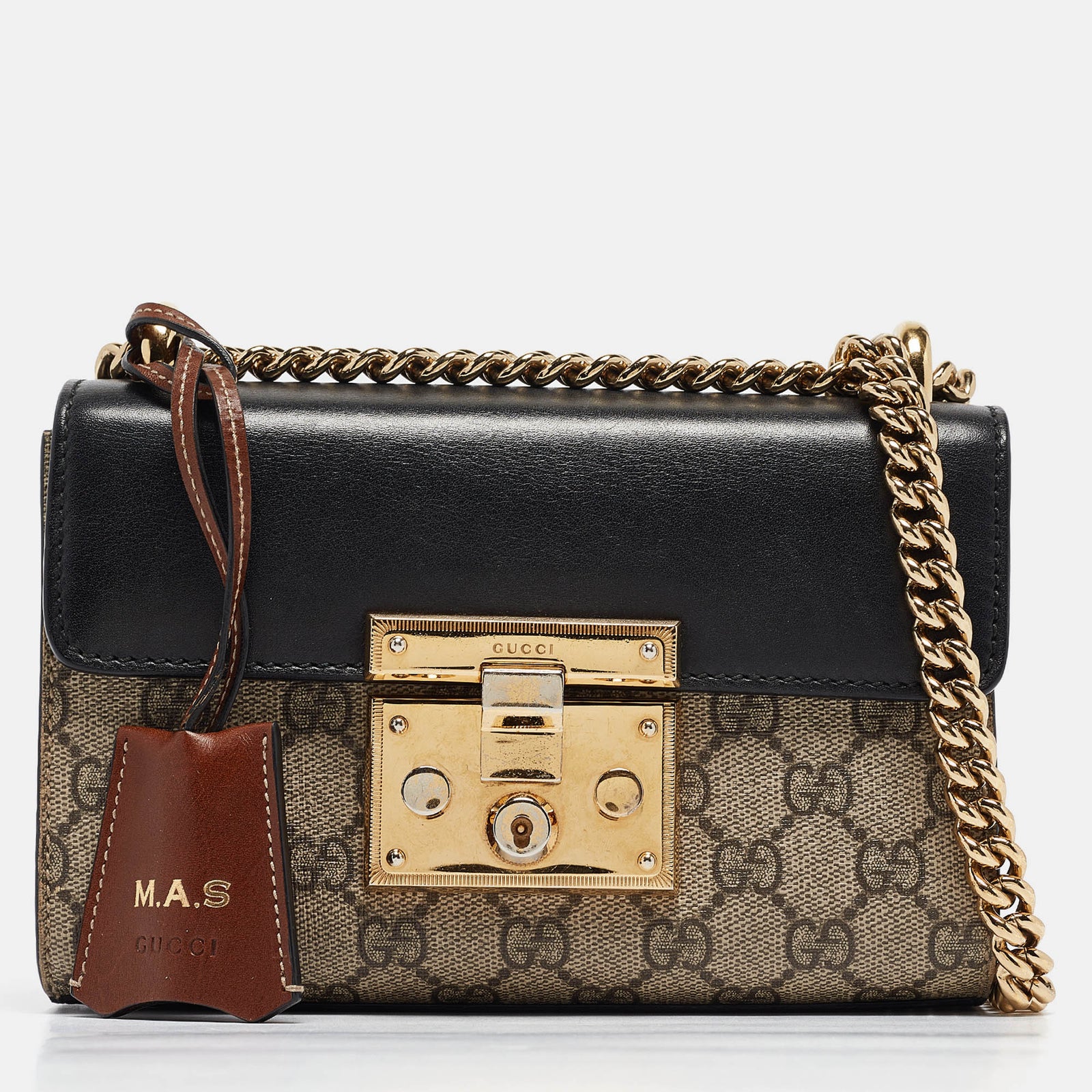 Gucci Petit sac à bandoulière en toile et cuir suprême GG noir/beige avec cadenas