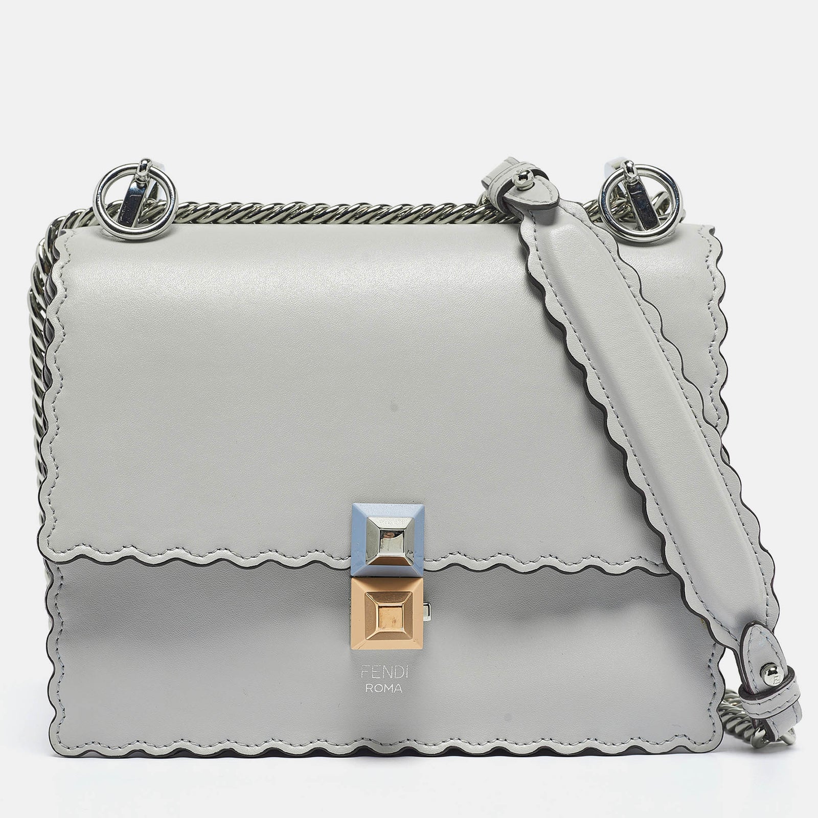 Fendi Light Blue Leather Mini Scalloped Kan I Shoulder Bag