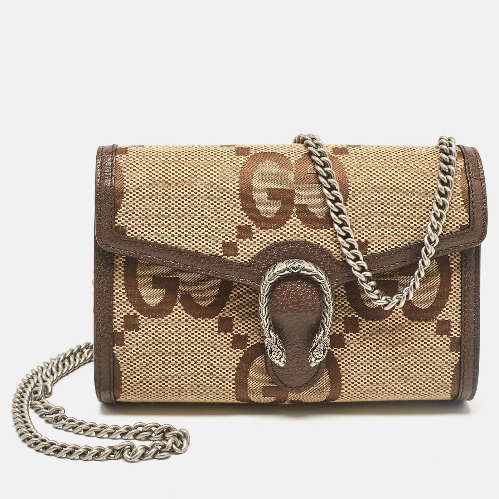 Gucci Braun/beige Jumbo-Geldbörse „Dionysus“ aus GG Canvas mit Kette